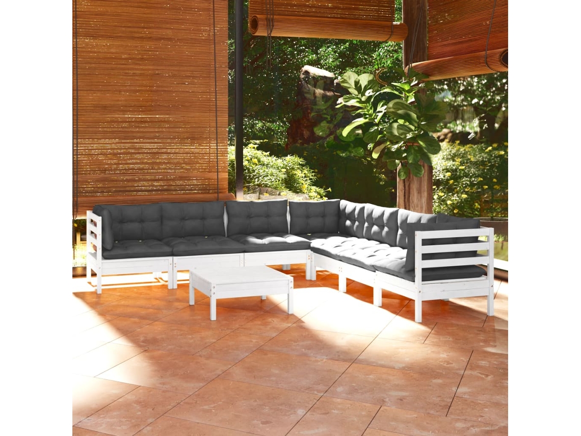 8 Pcs Conj. Lounge De Jardim C/ Almofadas Pinho Maciço Branco Dkd Home Decor