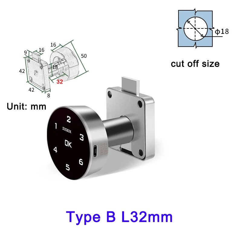 Fechadura Digital De Combinação Sem Chave Com Teclado Sensível Ao Toque (l32mm) Para Armários E Gavetas Com Bateria De Lítio Integrada.