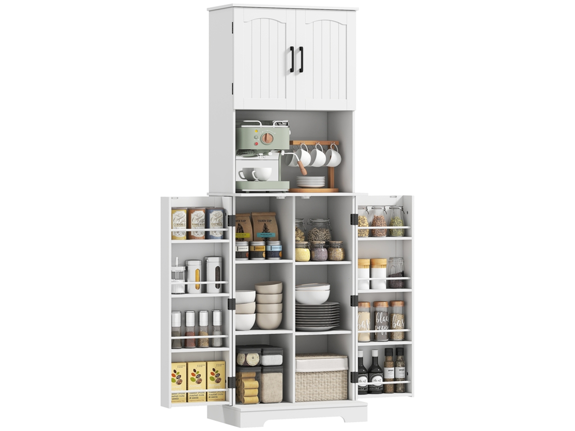 Armário De Cozinha Alto, 4 Portas, Bancada, 8 Porta-temperos, Prateleiras Ajustáveis, 60x40x181,5cm, Branco, Com Estrutura Resistente E Durável,
