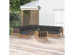 12 unidades Conj. Lounge De Jardim Bambu C/ Almofadões Cinza Escuro Dkd Home Decor