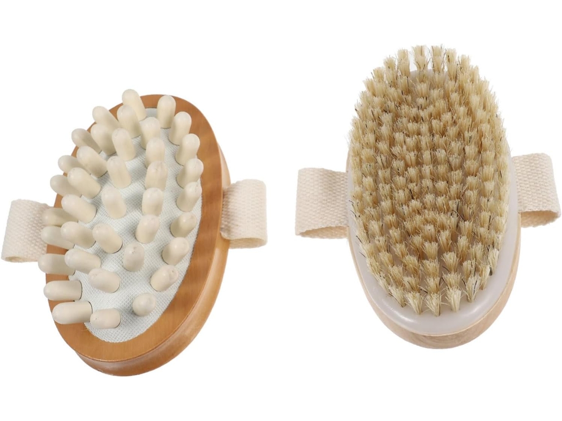 Conjunto De 2 Escovas Corporais Secas Com Cabo Madeira, Escova De Massagem Esfoliante Para Cuidados Com A Pele