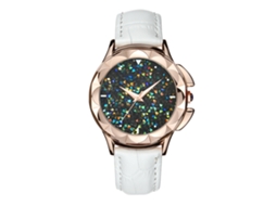Relógio de Pulso Feminino Analógico de Quartzo com Strass e Correia de Couro Branco Floral
