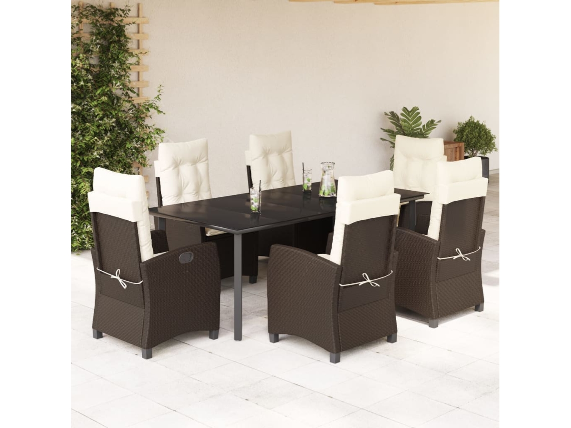 7 Pcs Conjunto Jantar P/ Jardim C/ Almofadões Vime Pe Marrom Dkd Home Decor