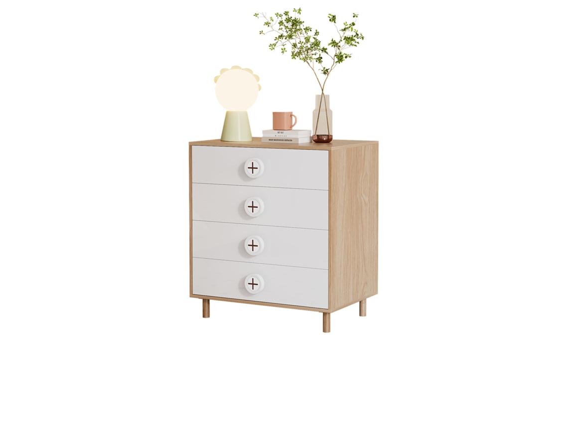 Cômoda de 80x54x90 cm com 4 gavetas e prateleiras, painéis laqueados e aglomerado, branca.