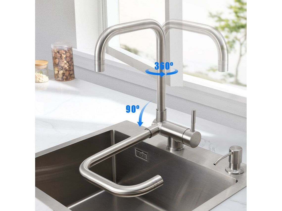 Torneira de Cozinha Retrátil LYYTUNG com 2 Modos de Jato, em Aço Inox 304, Giratória 360° e Dobrável 180°