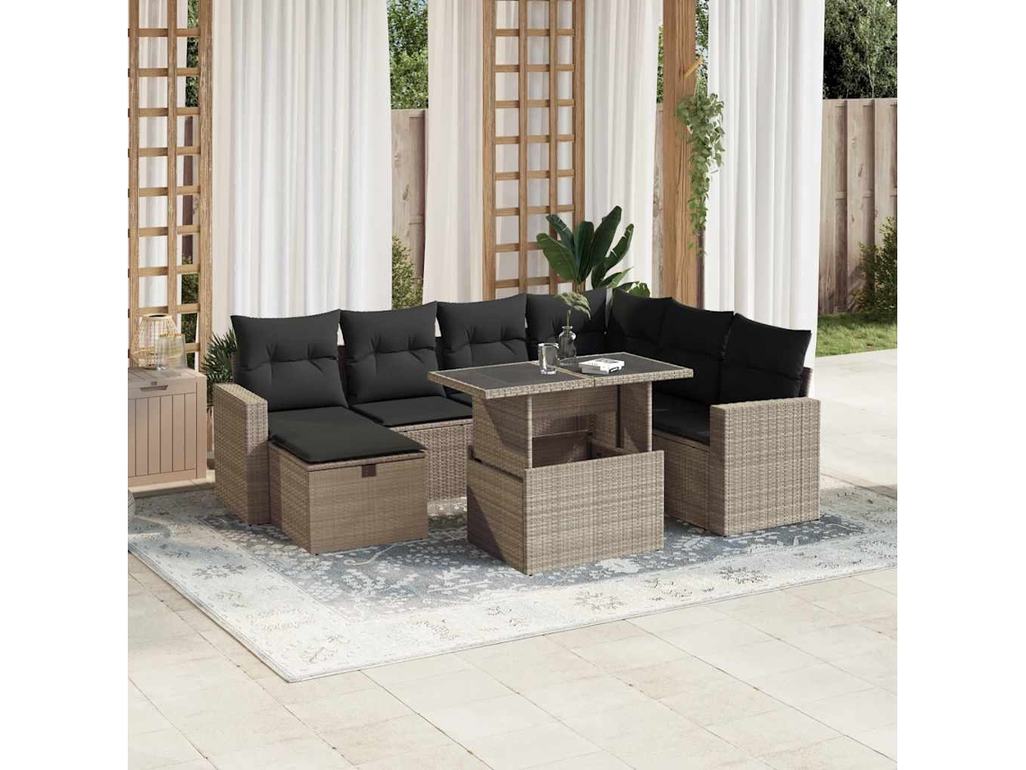 Vidaxl 8 Pcs Conj. Sofás Jardim C/ Almofadões Vime Pe Cinzento-claro