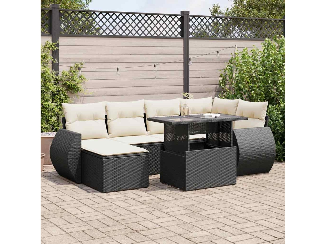 Vidaxl 7 Pcs Conjunto De Sofás P/ Jardim C/ Almofadões Vime Pe Preto