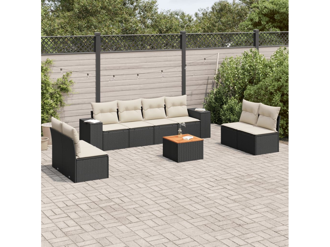 Jogo de Sofá 9 Peças P/ Jardim C/ Almofadões Vime Pe Preto Dkd Home Decor