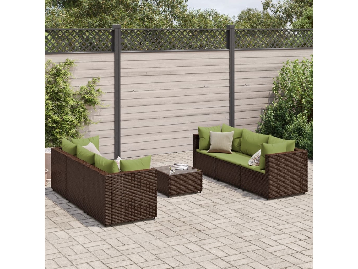 Vidaxl 7 Pcs Conjunto Lounge Jardim C/ Almofadões Vime Pe Castanho