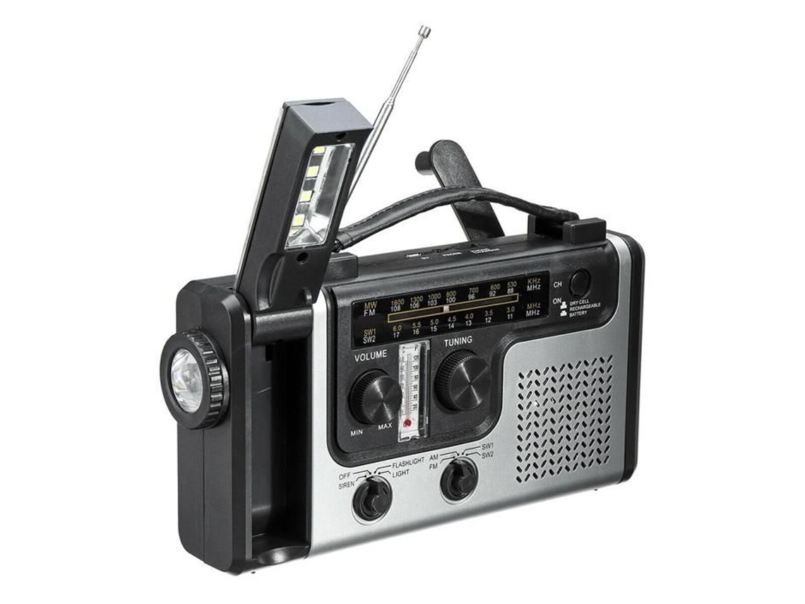 Rádio de Emergência AQUAFORGE com Manivela, Energia Solar, Lanterna e Bateria Externa