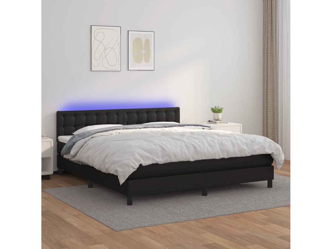 Vidaxl Cama Box Spring C/ Colchão/led 180x200cm Couro Artificial Preto