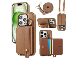 Capa Para Iphone 16 Pro Max Em Couro Pu Com Carteira E Alça Castanho Czhhmart