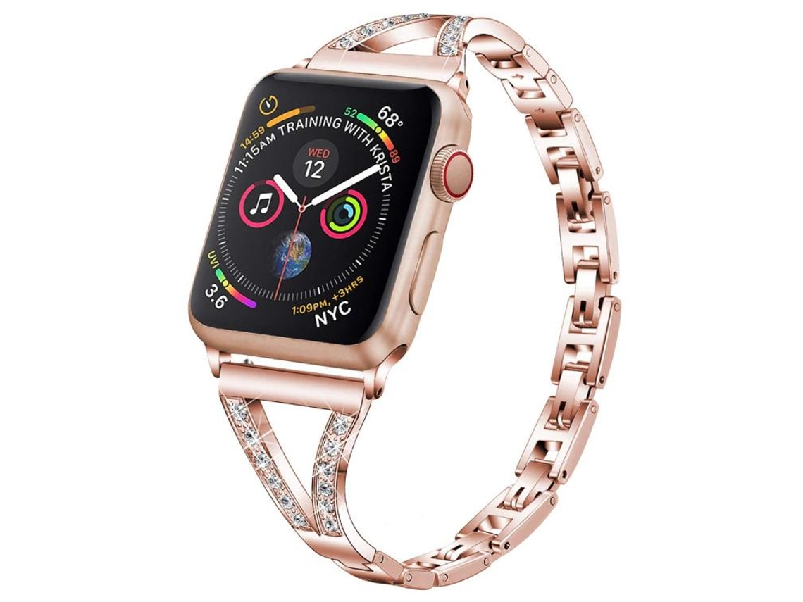 Bracelete para Apple Watch 46/49/45/44mm Aço Inoxidável com Diamante e Padrão Espinha de Peixe Ouro Rosa XIAOMOYU