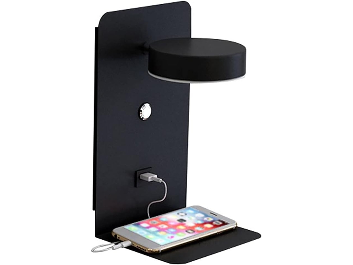 Luminária De Parede Para Leitura Com Porta Carregamento Usb, Luminária De Cabeceira Com Interruptor Preta
