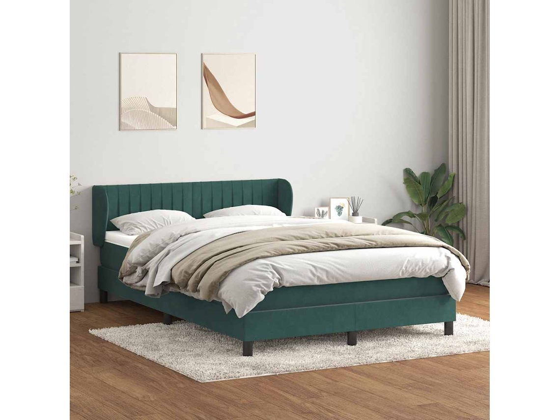 Cama Com Molas/colchão 160x220 Cm Veludo Verde-escuro