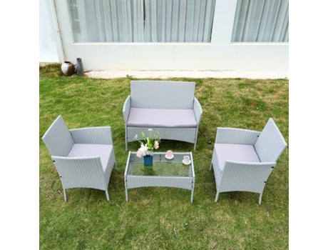 Conjunto De Mobiliário De Jardim Em Vime Racingreat Cinzento (2 Poltronas 1 Sofá De Assento Duplo 1 Mesa)