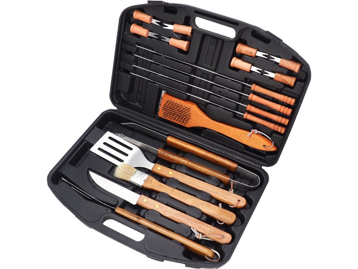Kit churrasco ZYBLSSBB 18 peças, ferramentas inox, pegadores, espetos, espátula, escova