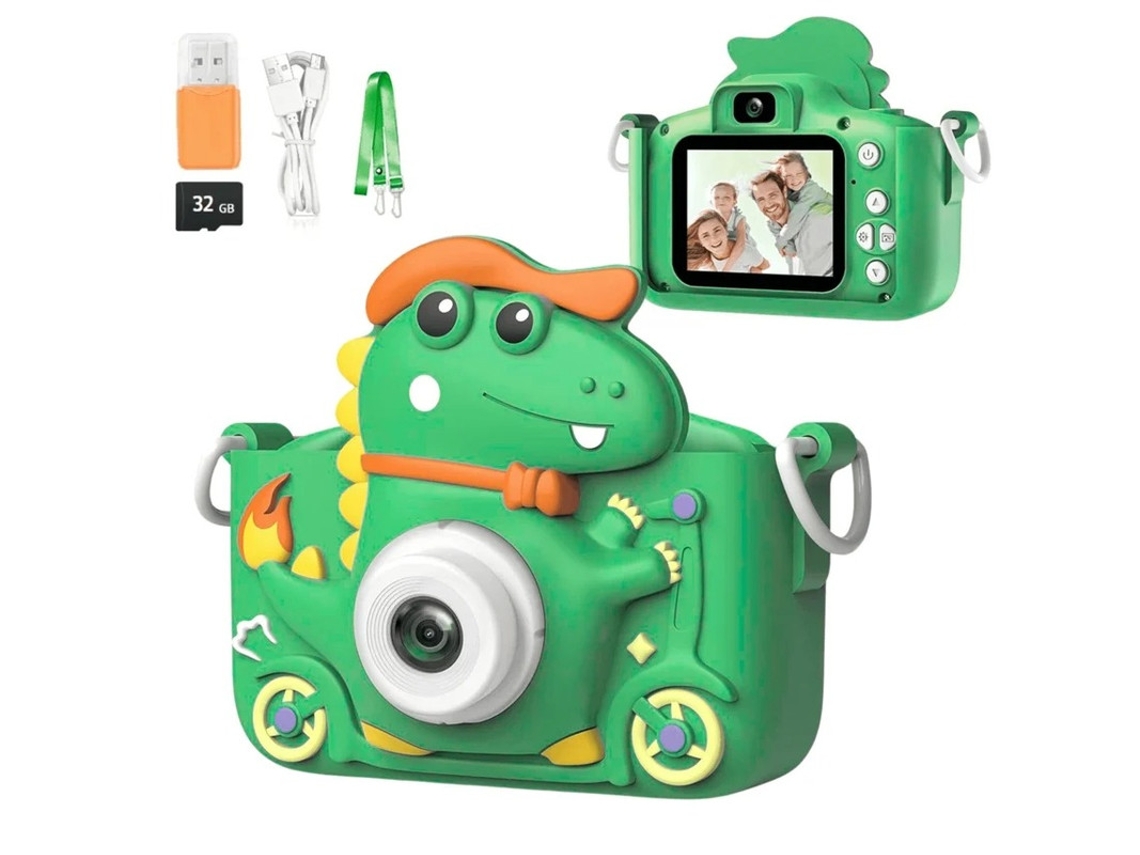 Câmera fotográfica infantil Yizhood Mini Dinosaur, câmera dupla HD de 4800 W e cartão de 32 GB