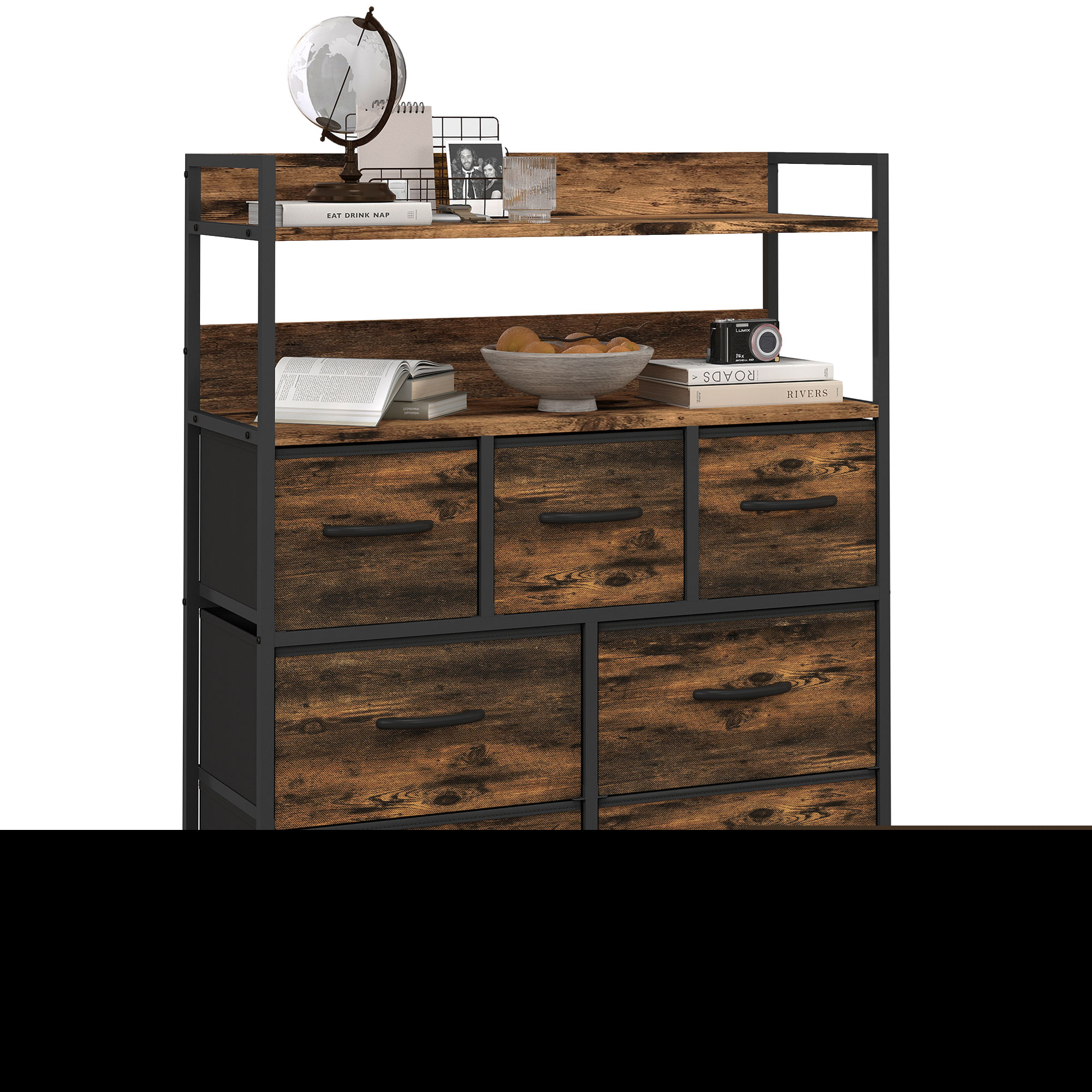 Cômoda Industrial Com 7 Gavetas Removíveis E 2 Prateleiras Em Madeira E Aço, 79x29x101 Cm, Marrom E Preta.