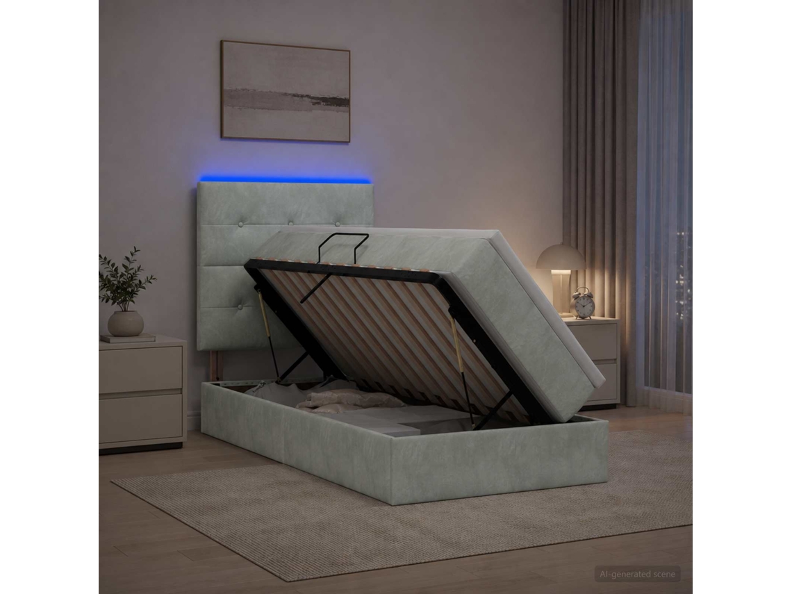 Vidaxl Cama De Armazenamento Led Com Colchão Cinzento-claro