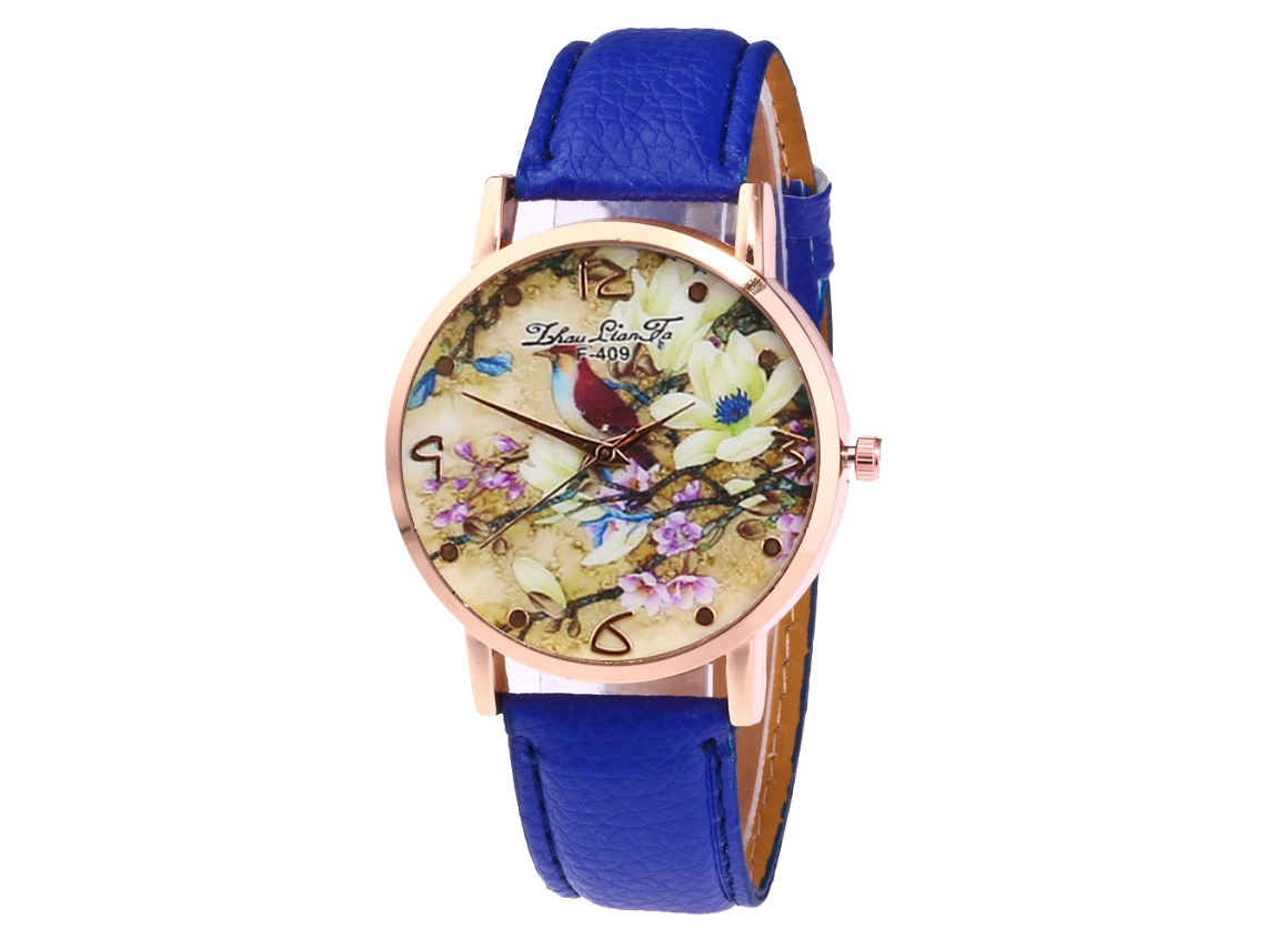 Relógio de pulso Zhoulianfa azul com quartzo, pulseira de PU e estampa de flores e pássaros.