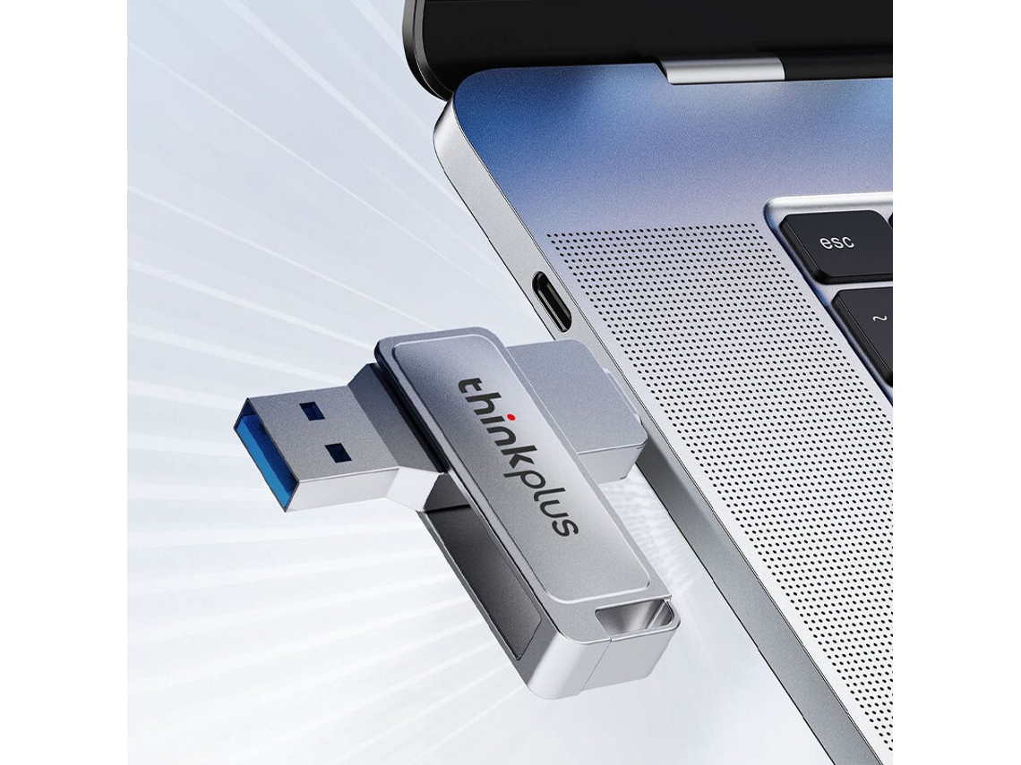 Pen drive Lenovo Thinkplus MU233 de 512 GB com conectores Tipo C e USB, velocidade de transferência de 160 MB/s e rotação.