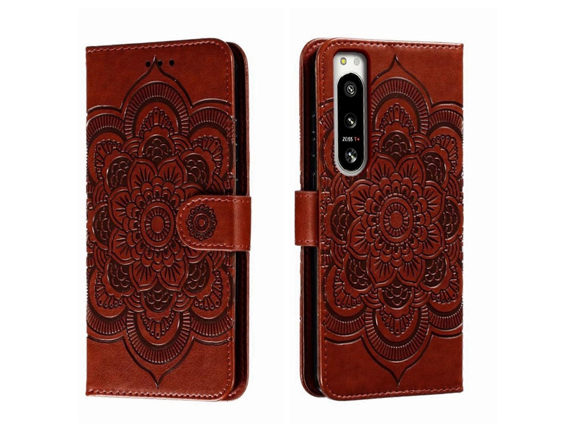 Capa De Couro Para Celular Com Padrão De Mandala Solar Em Relevo