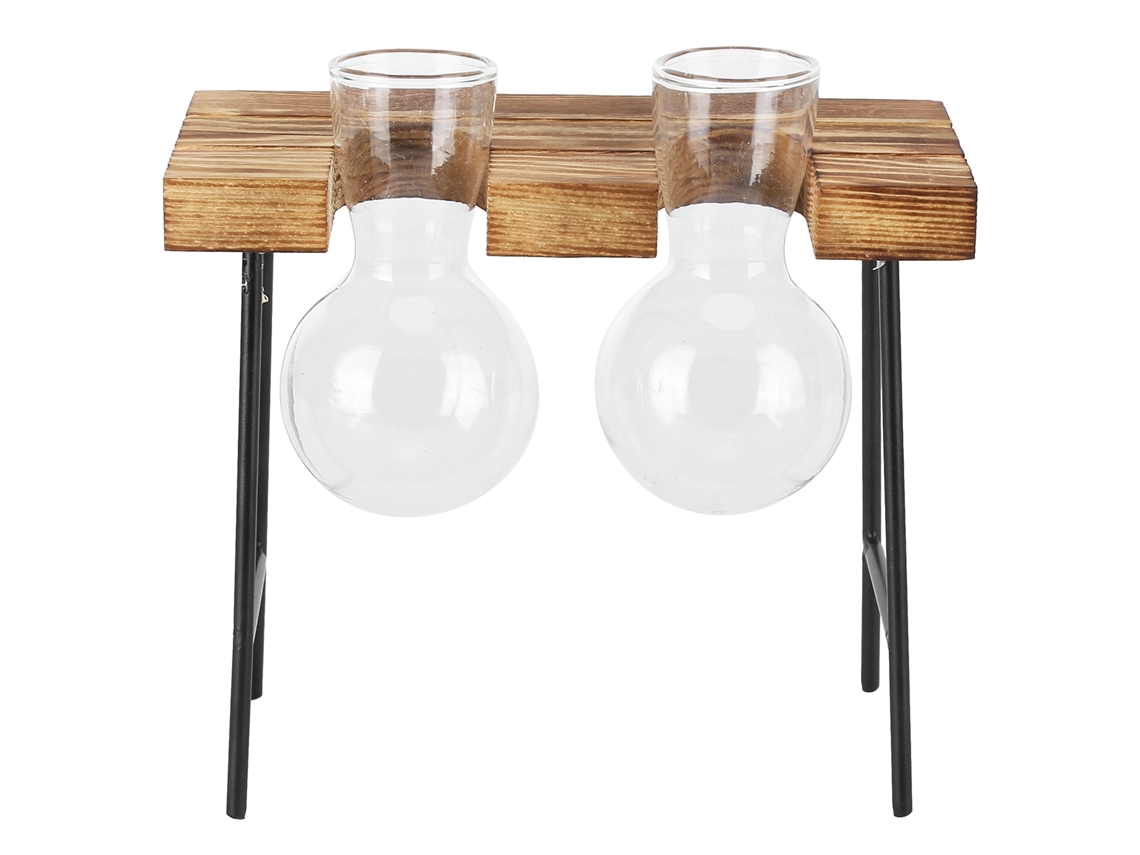 Vaso De Vidro Com Suporte De Madeira Para Plantas Hidropônicas