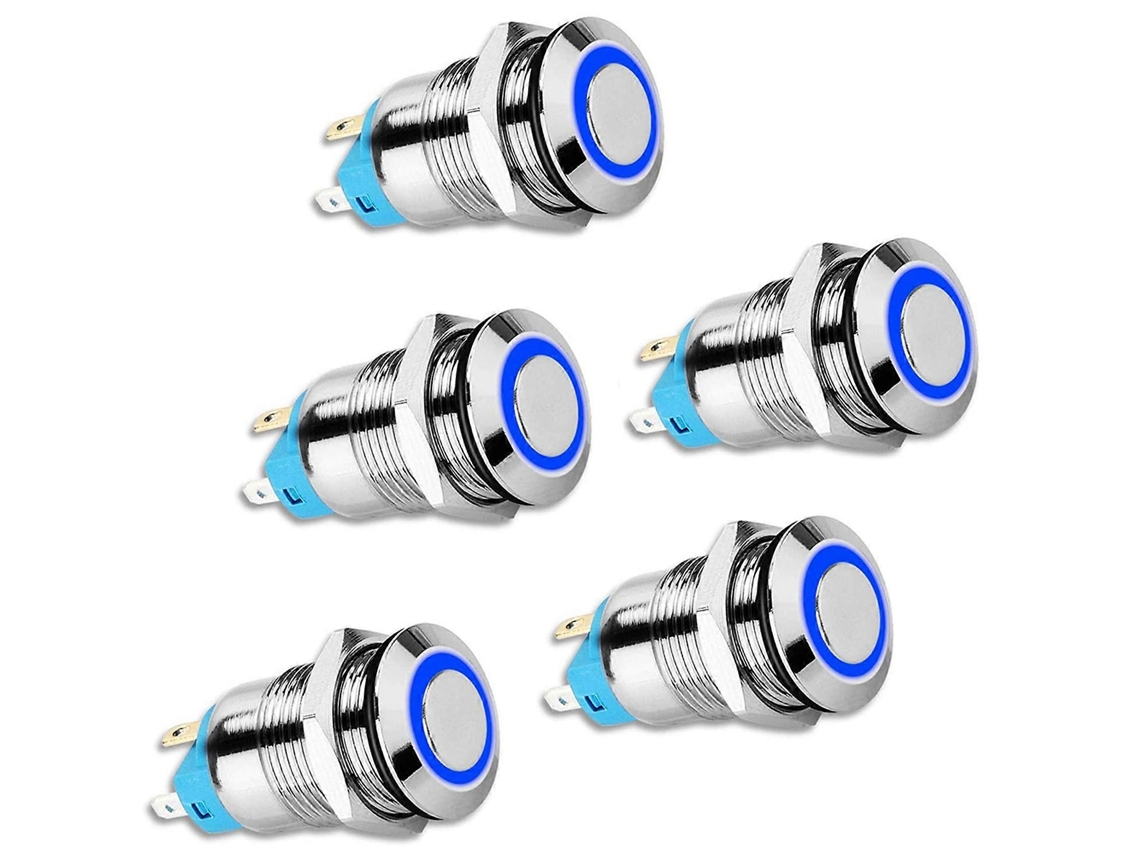 Conjunto De 5 Interruptores De Botão De Pressão Com Trava De 12mm, Tampa Redonda Alta, Interruptor De Botão De Metal Impermeável Com Luz Azul 12v/24v
