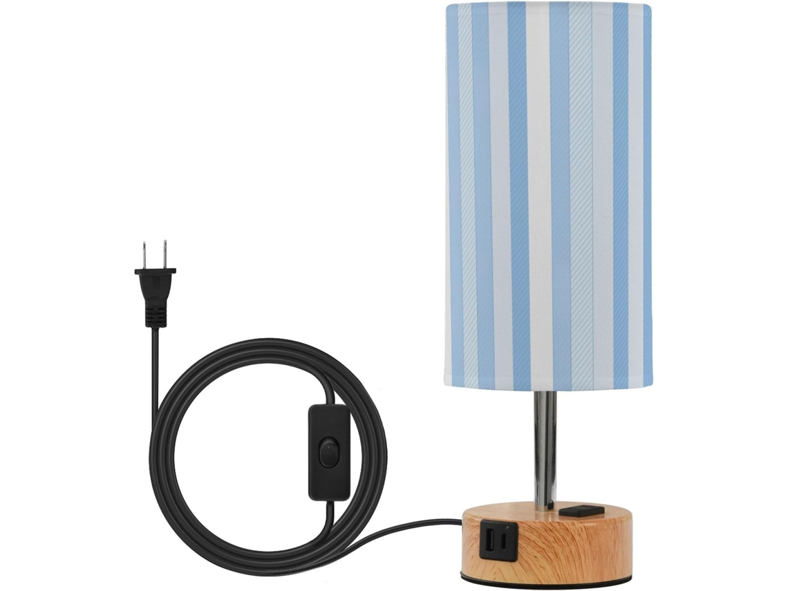 Base de mesa Linqin com listras azul-celeste e cúpula texturizada, lâmpada LED inclusa, ideal para quarto infantil.