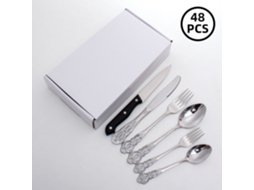 Conjunto De Jantar De 48 Peças - Prata, Com Talheres E Colheres Em Aço Inoxidável Com Relevo Vazado.