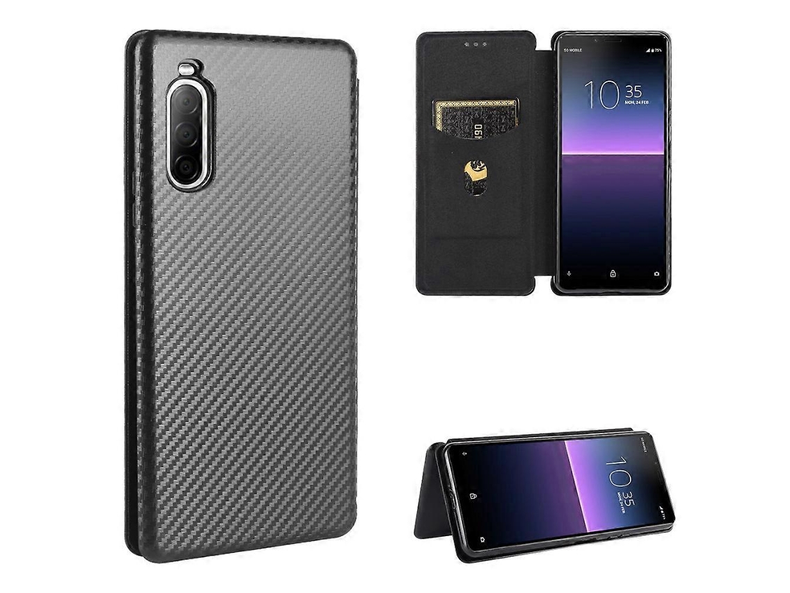 Capa De Tpu Pc Couro Pu Com Textura De Fibra De Carbono Horizontal E Compartimento Para Cartão Para Sony Xperia 10 Ii