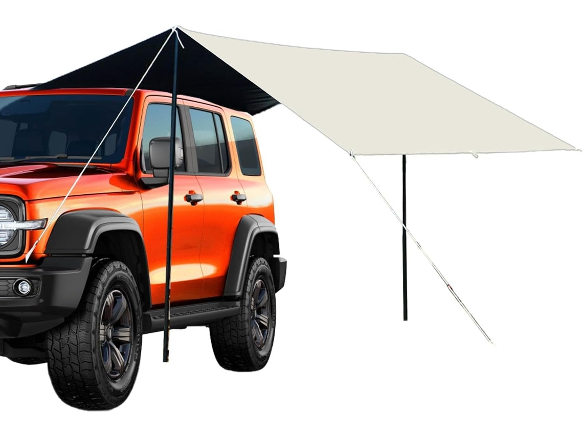 Tenda de campismo com toldo, amplo espaço para carro, construção robusta.