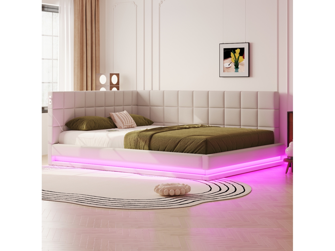 Sofá Cama Bege Lino 160x200 Com Led Usb E Lattenrost