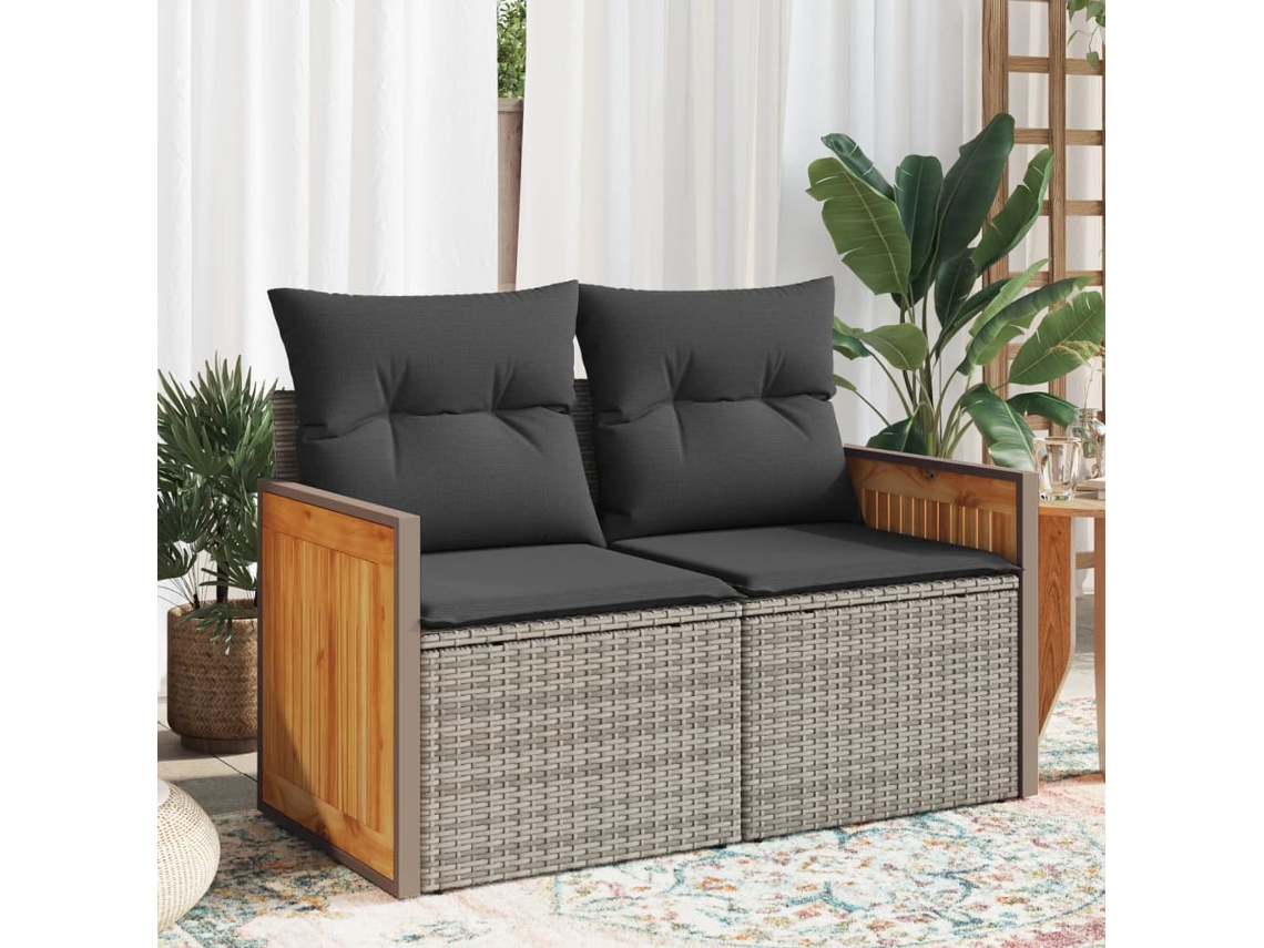 Vidaxl Sofá De Jardim De 2 Lugares Com Almofadões Vime Pe Cinzento