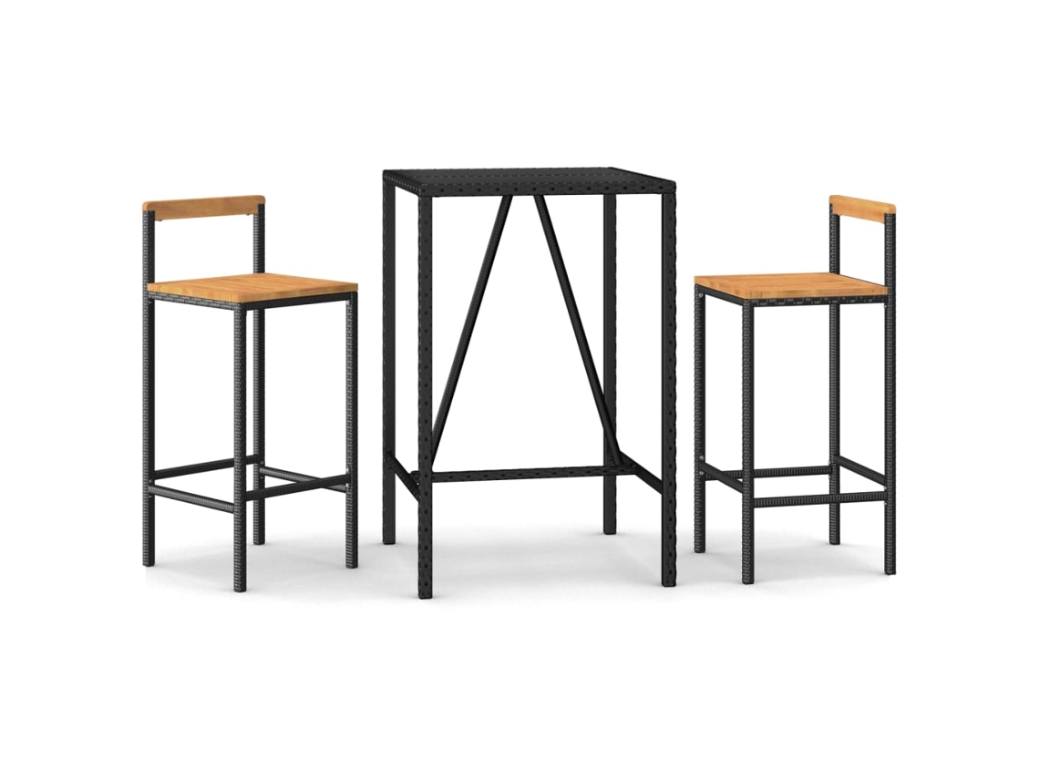 Conjunto 3 de Bar P/ Jardim VIDAXL Vime Pe/Acácia Maciça Preto