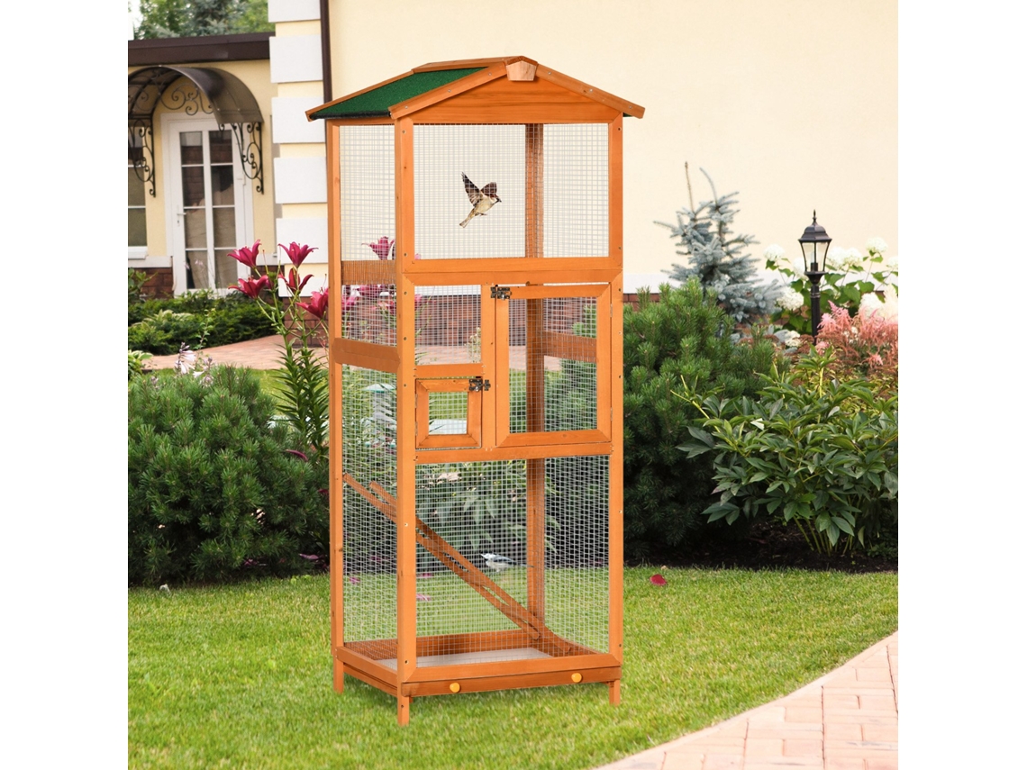 Gaiola Para Pássaros Grande 68x63x165cm Madeira De Abeto Com 2 Portas Bandeja Amovível E Teto Asfáltico Lenhoso