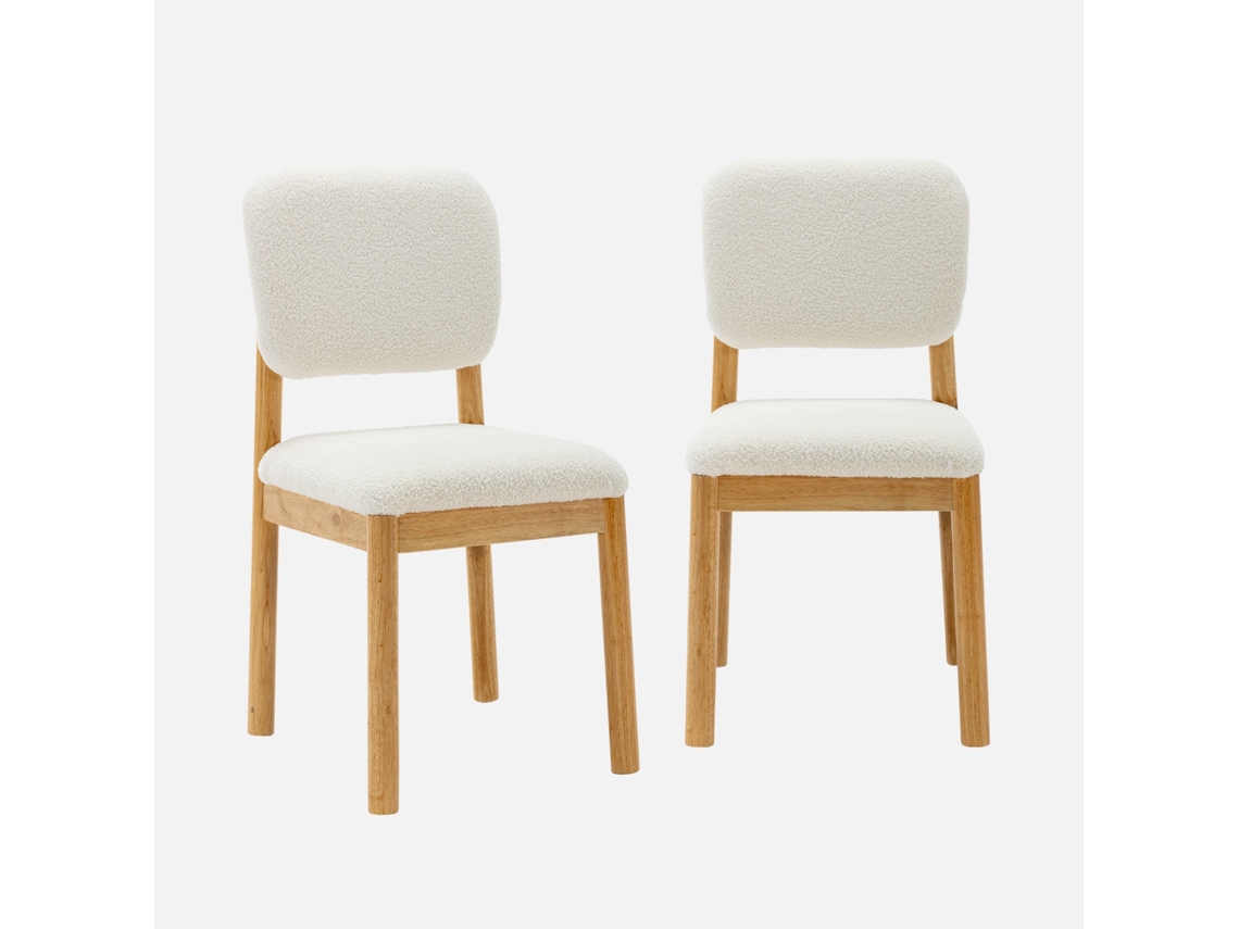 Cadeiras Em Madeira De Seringueira E Revestimento Em Bouclé, Set De 2, Branco