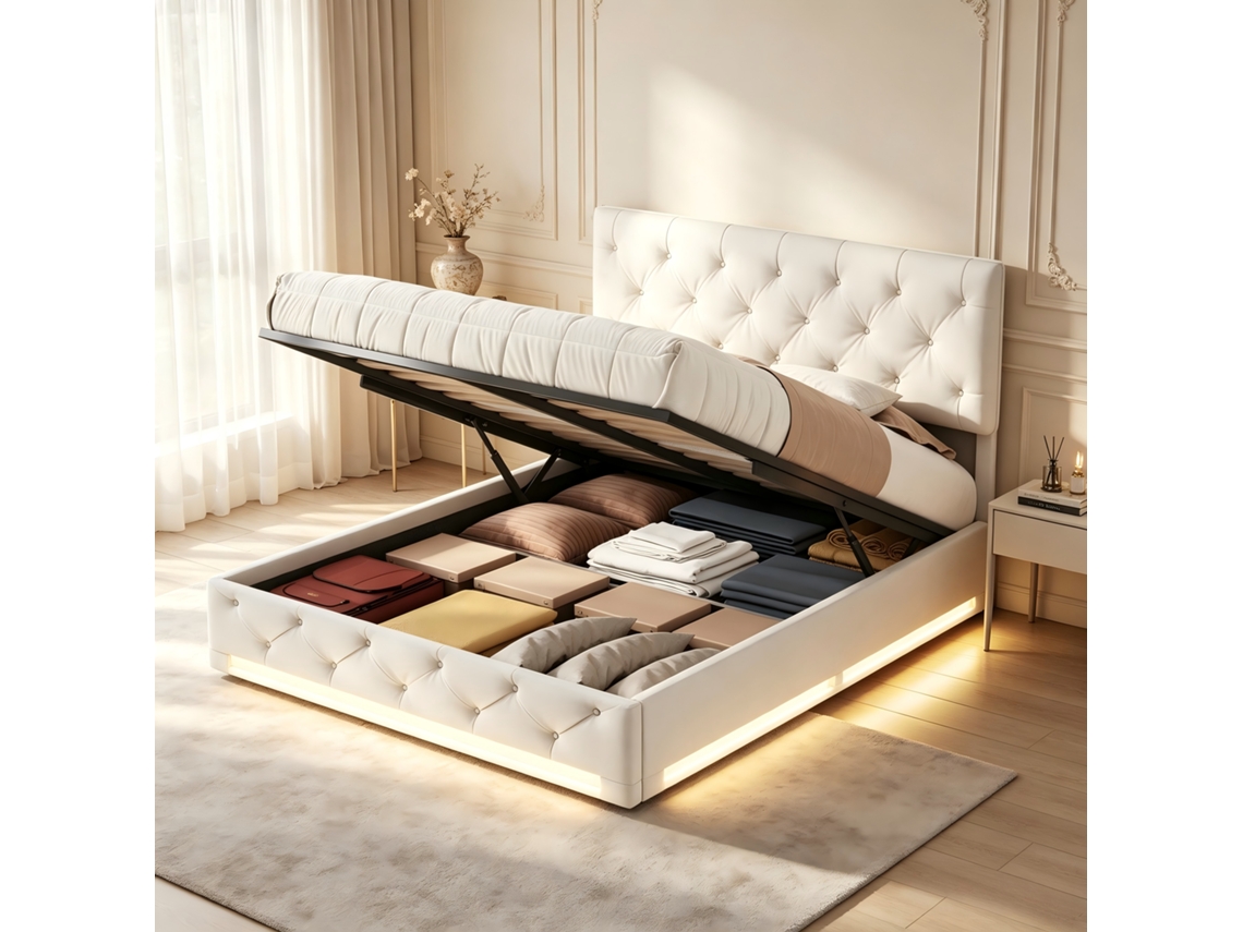 Cama Casal Estofada 160x200cm, Sistema Hidráulico De Armazenamento, Luzes Led Rgb, Cabeceira Ajustável, Cama Moderna Para Quarto De Casal,linho,bege