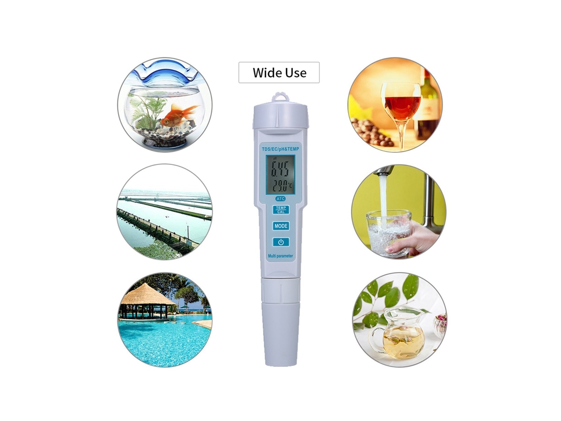 TESTADOR DE QUALIDADE DA ÁGUA 4 em 1 YURU com Ph, Ec, Tds, Temperatura, IP55, Luz de Fundo