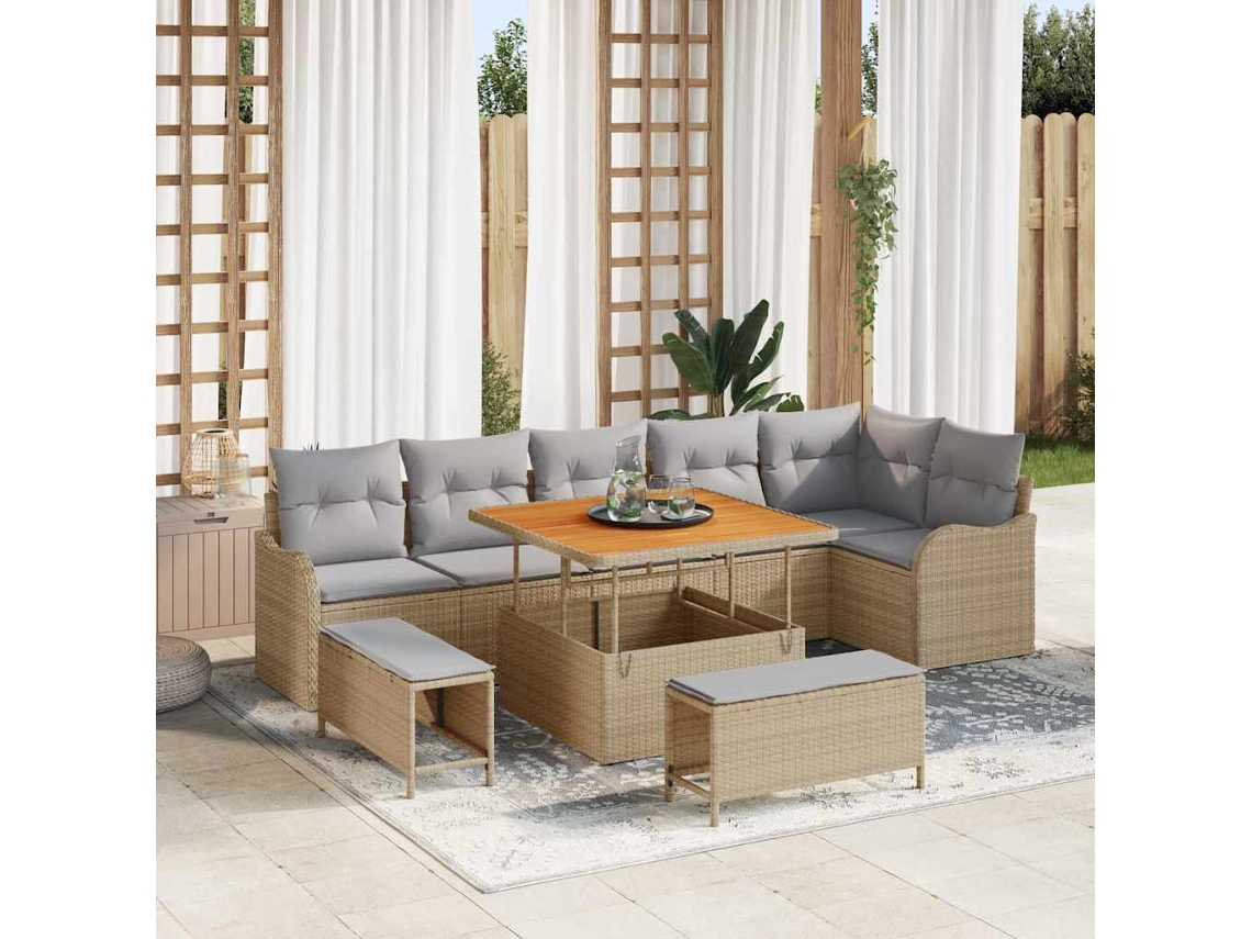 Vidaxl Conjunto De Sofá De Jardim 9 Unid. Bege Vime Pe