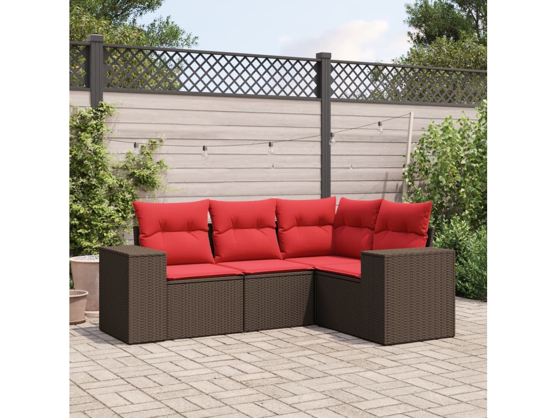 Vidaxl Conjunto de Sofá de Jardim com 4 Peças e Almofadas em Rattan Sintético Marrom