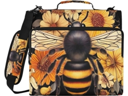 Pasta De Argolas Preta Com Zíper, Compartimento Laptop E Vários Bolsos, Estampa De Abelhas E Flores, Ideal