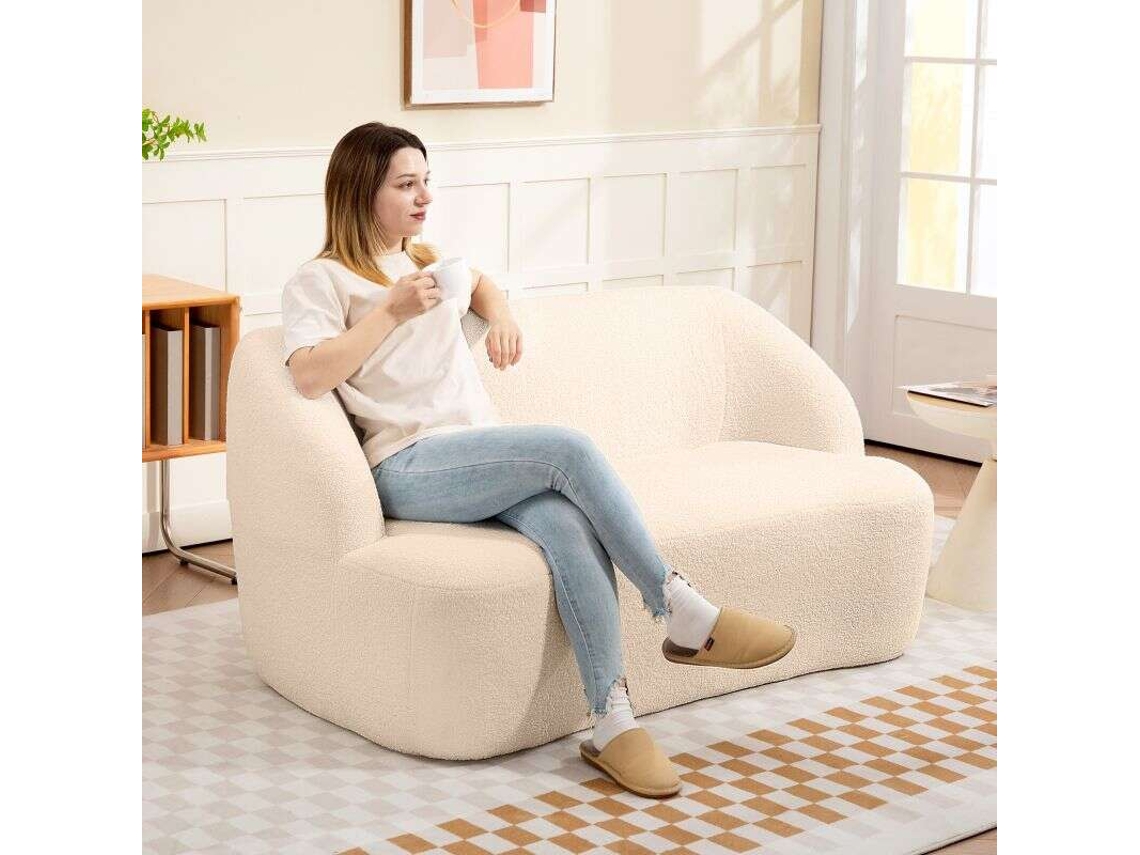 Sofá 2 Lugares Em Tecido Bouclette, 142 Cm, Encosto E Assento Curvos, Sem Montagem, Bege.