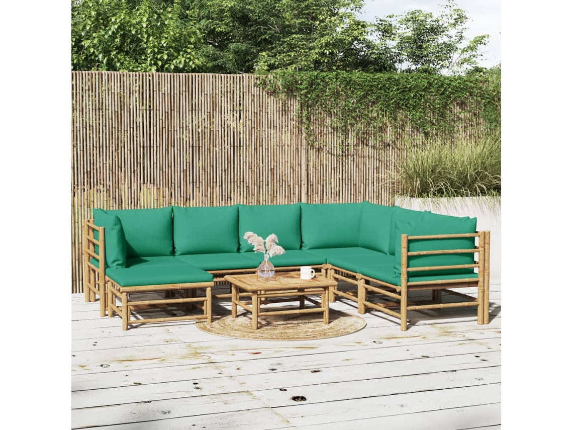 Vidaxl 8 Pcs Conjunto Lounge De Jardim Bambu C/ Almofadões Verdes