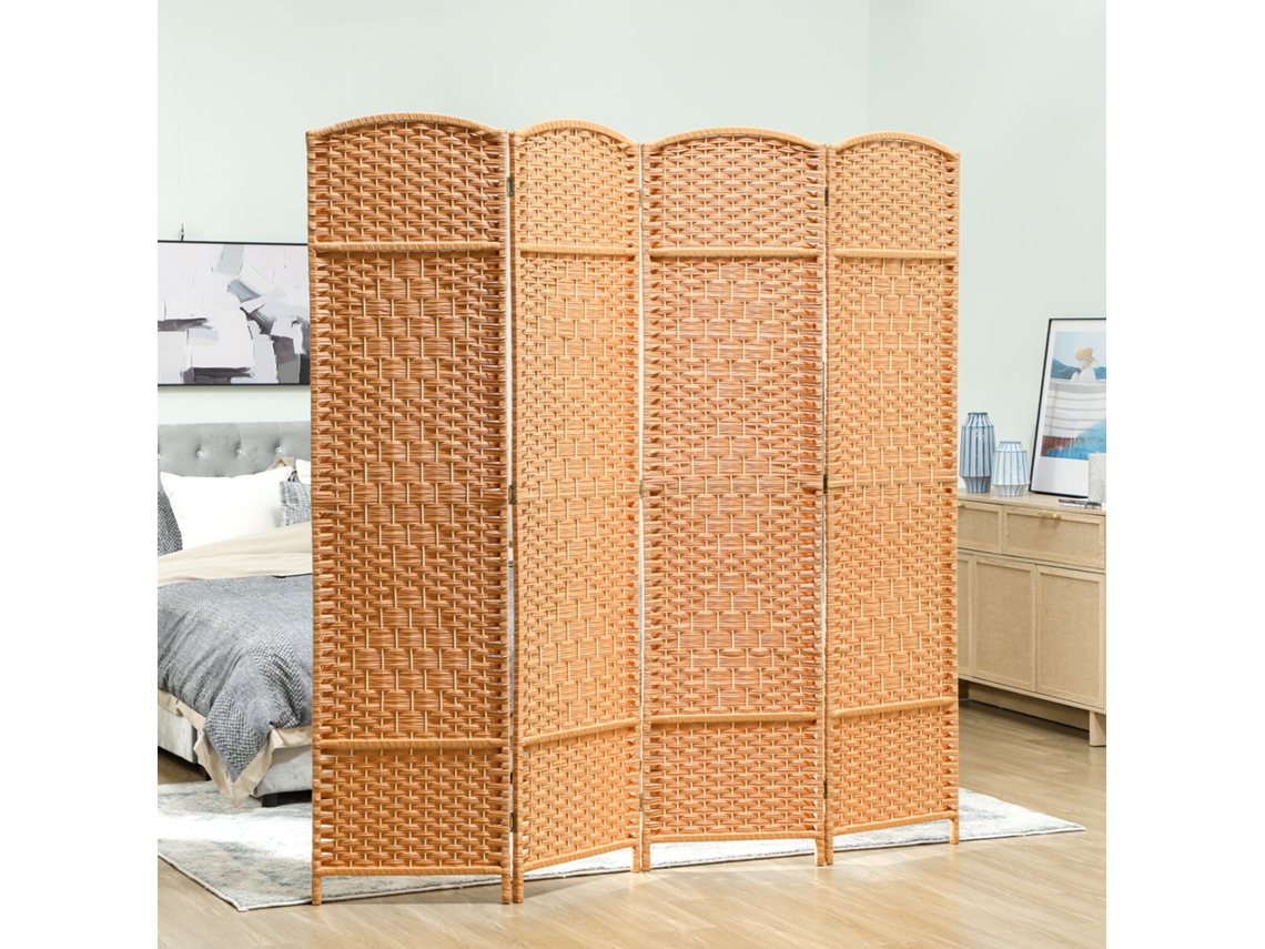 Room Divider, 4 Piece Folding Divider, Wicker Pattern, Pine Wood, Natural Wood