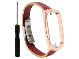 Pulseira com Capa Protetora de Couro Pu e Aço Inoxidável para Mi Band 7 Marrom e Dourado