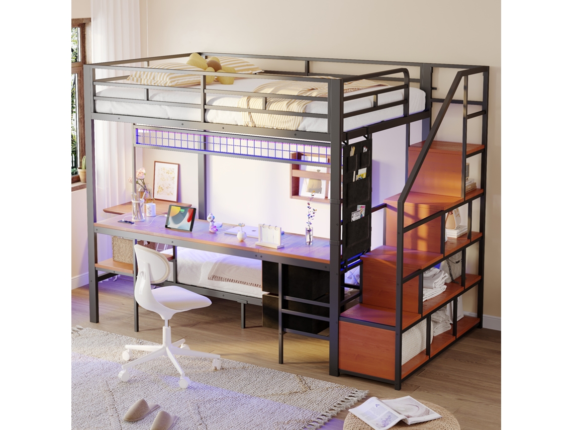 Cama De Metal Com Escrivaninha Led Tomadas Estantes Gavetas 140x200/90x200 Preta