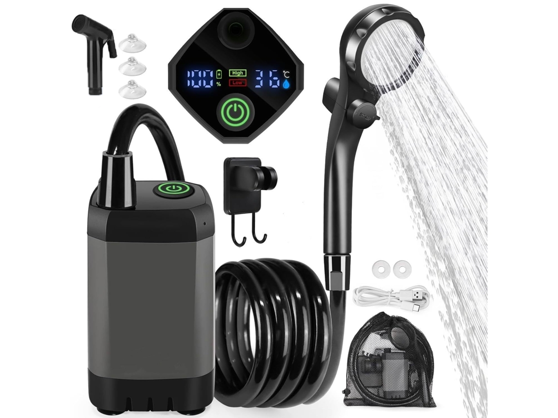 Chuveiro Portátil AQUAFORGE, Cinza, com Esponja, Display de Temperatura, Bateria Recarregável