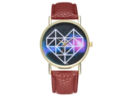 Relógio de casal com pulseira de couro PU, mostrador casual em formato de coração, linhas geométricas, movimento de quartzo, marrom.